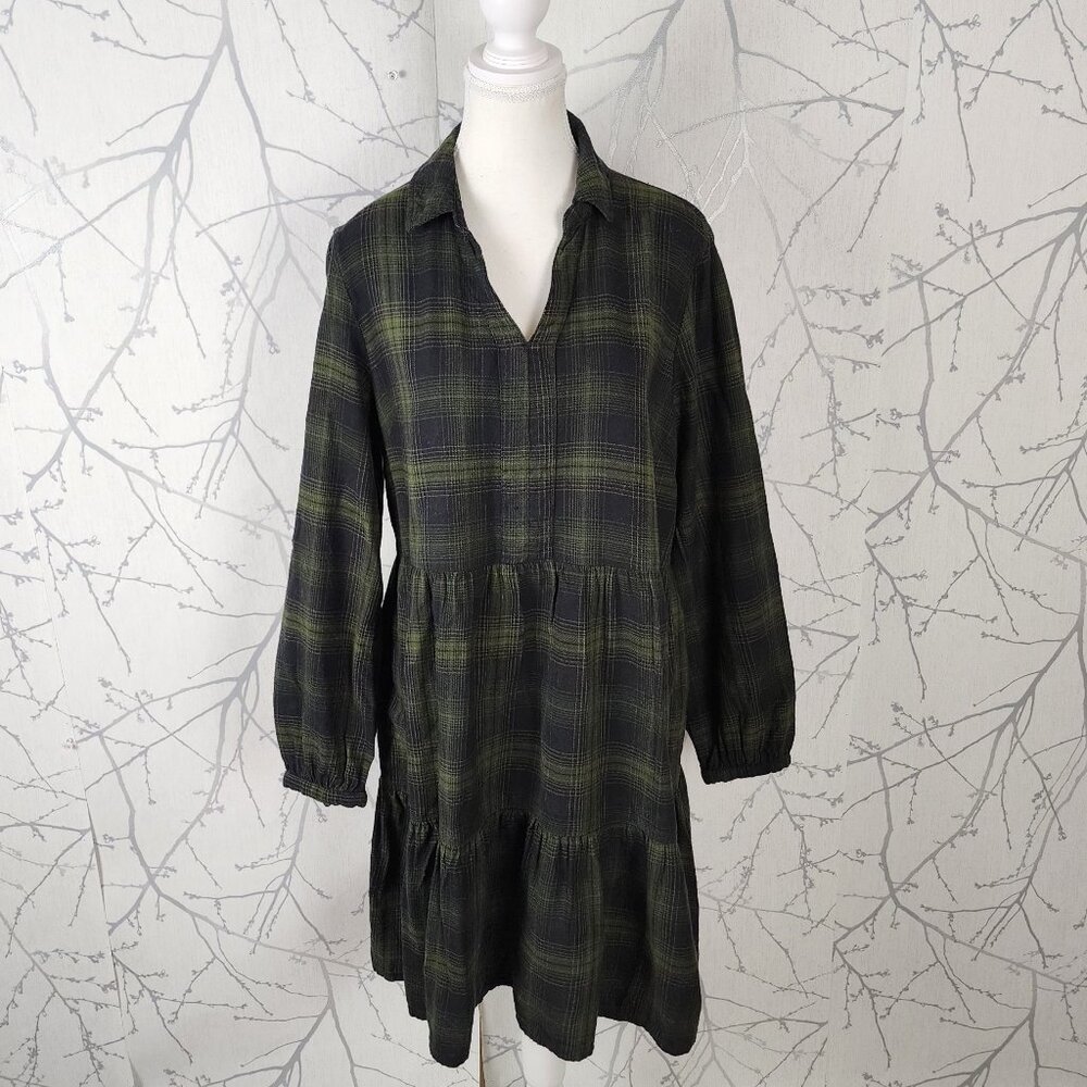 Beachlunchlounge Green Plaid Cotton Blend Tiered Flannel Dress